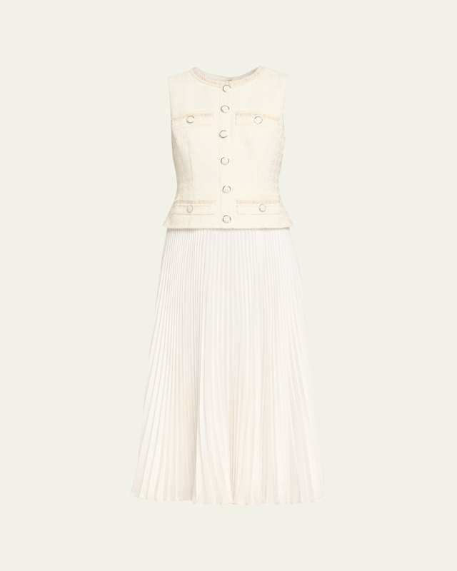 Pleated Boucle Mixed Media Midi Dress
